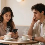 A woman and a man sit at a cafe table with steaming cups of coffee. The woman is smiling at her phone, while the man rests his chin on his hand. Both wear casual shirts.