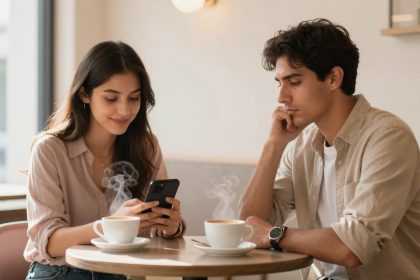 A woman and a man sit at a cafe table with steaming cups of coffee. The woman is smiling at her phone, while the man rests his chin on his hand. Both wear casual shirts.