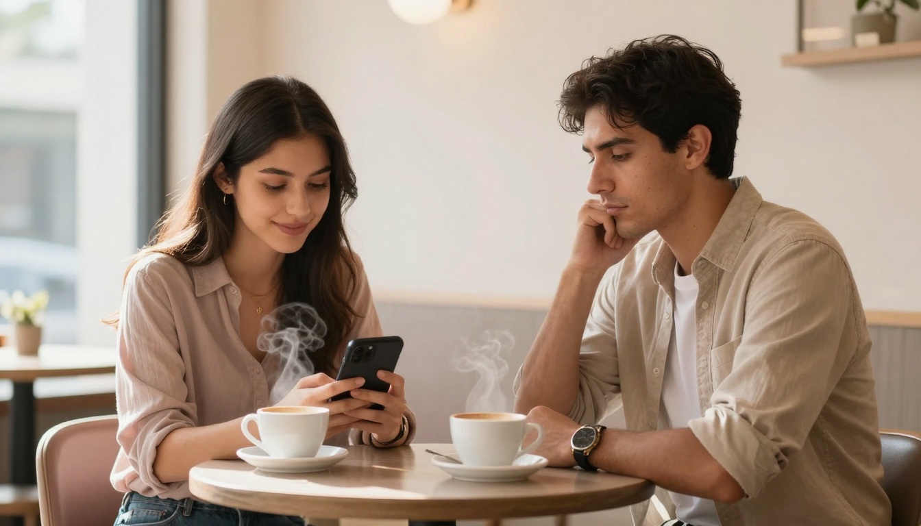 A woman and a man sit at a cafe table with steaming cups of coffee. The woman is smiling at her phone, while the man rests his chin on his hand. Both wear casual shirts.