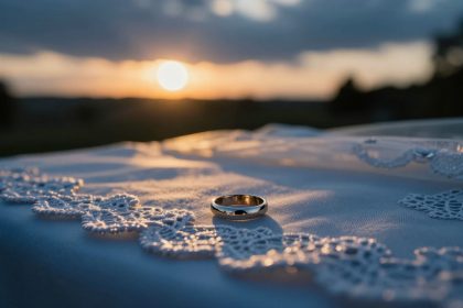 A gold ring rests on a white lace cloth with intricate patterns. The background features a sunset with a soft, cloudy sky.