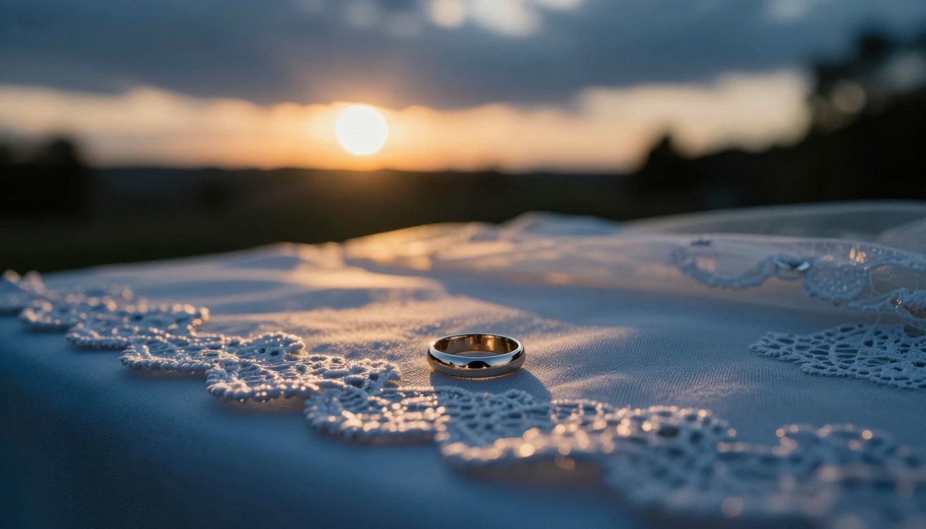 A gold ring rests on a white lace cloth with intricate patterns. The background features a sunset with a soft, cloudy sky.