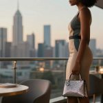 A woman in a sleeveless dress stands on a balcony at sunset, holding a sparkly handbag. A city skyline is visible in the background, and a table with a lit candle and a small plant is in the foreground.