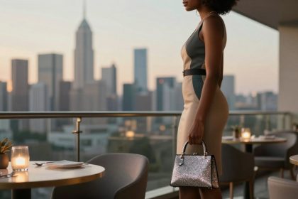 A woman in a sleeveless dress stands on a balcony at sunset, holding a sparkly handbag. A city skyline is visible in the background, and a table with a lit candle and a small plant is in the foreground.
