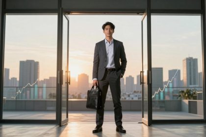 A person in a suit stands confidently holding a briefcase in front of open glass doors. The city skyline is visible at sunset, with upward-trending financial graphs overlaid.