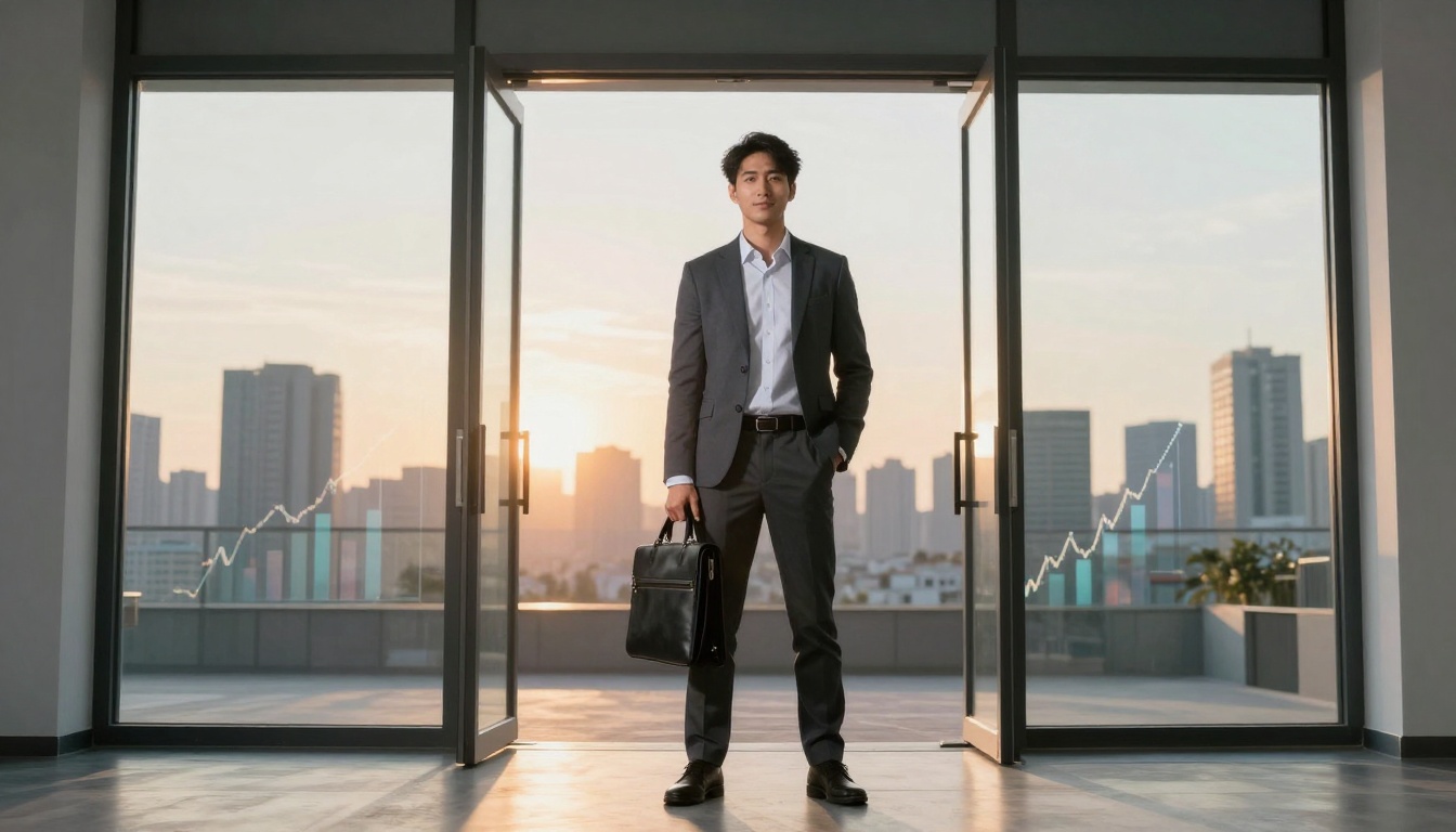 A person in a suit stands confidently holding a briefcase in front of open glass doors. The city skyline is visible at sunset, with upward-trending financial graphs overlaid.