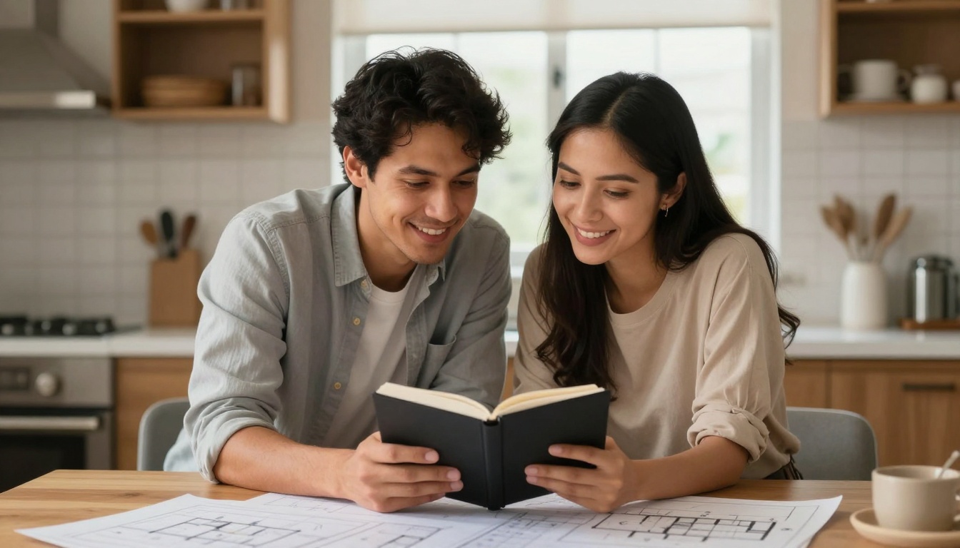 A man and woman sit at a kitchen table, smiling as they read a book together. Architectural plans are spread out on the table. The kitchen background has wooden cabinets, a stove, and utensils.