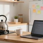 A kitchen scene with a laptop displaying an email on a wooden countertop. A stainless steel kettle is on a stove, and a white mug is nearby. The background includes a refrigerator with colorful sticky notes and potted plants.
