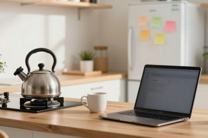 A kitchen scene with a laptop displaying an email on a wooden countertop. A stainless steel kettle is on a stove, and a white mug is nearby. The background includes a refrigerator with colorful sticky notes and potted plants.