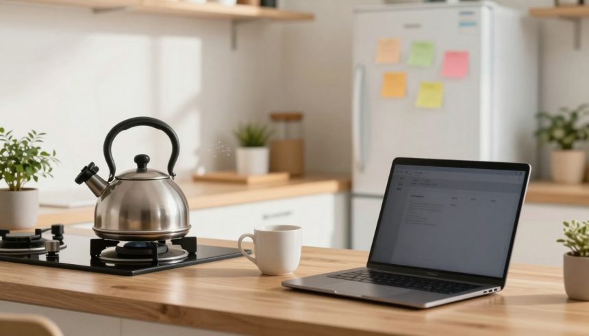 A kitchen scene with a laptop displaying an email on a wooden countertop. A stainless steel kettle is on a stove, and a white mug is nearby. The background includes a refrigerator with colorful sticky notes and potted plants.