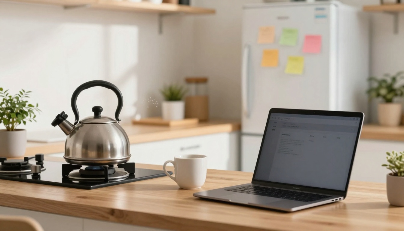 A kitchen scene with a laptop displaying an email on a wooden countertop. A stainless steel kettle is on a stove, and a white mug is nearby. The background includes a refrigerator with colorful sticky notes and potted plants.