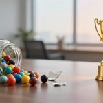 A tipped-over glass jar spilling colorful marbles and broken pieces on a wooden table, next to a shiny gold trophy.