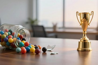 A tipped-over glass jar spilling colorful marbles and broken pieces on a wooden table, next to a shiny gold trophy.