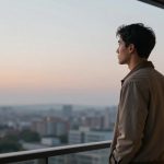A person in a light brown jacket stands on a balcony, gazing at a cityscape during sunset. The sky is a gradient of soft pink and blue.