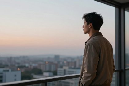 A person in a light brown jacket stands on a balcony, gazing at a cityscape during sunset. The sky is a gradient of soft pink and blue.