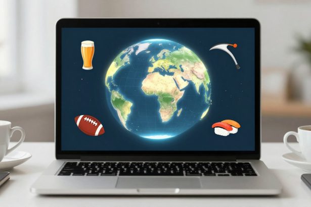 A laptop displays a digital globe with a beer glass, American football, sushi, and a pickaxe around it. Two cups are on each side of the laptop.