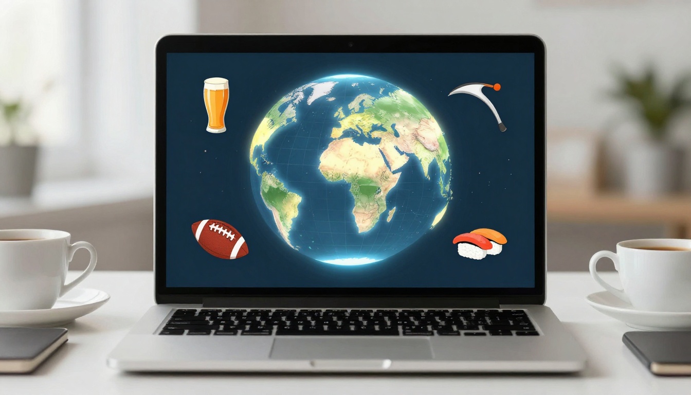A laptop displays a digital globe with a beer glass, American football, sushi, and a pickaxe around it. Two cups are on each side of the laptop.