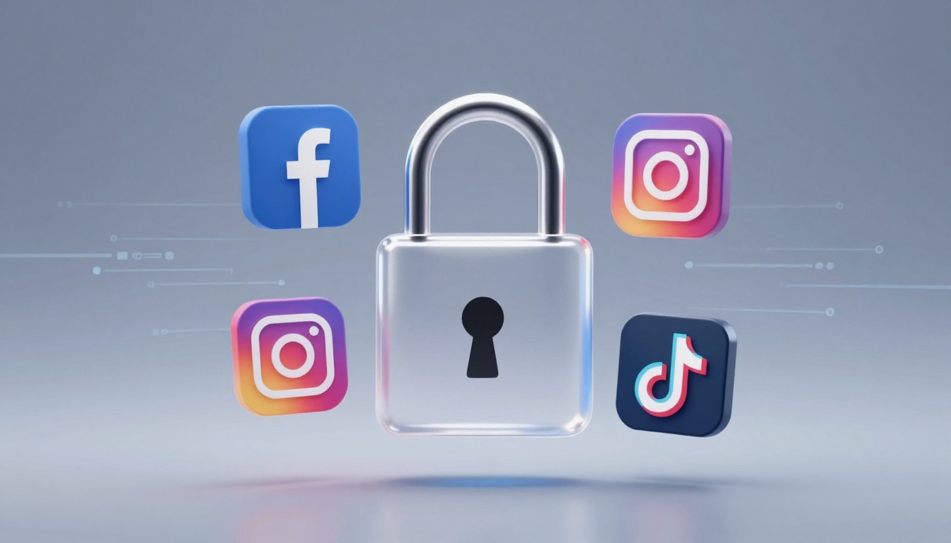 A silver padlock is surrounded by social media icons: Facebook (blue), Instagram (two versions, multicolored), and TikTok (black). The background is light gray.