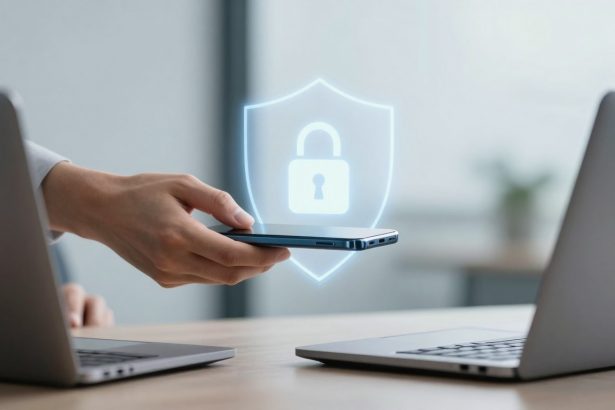 A hand holds a smartphone near two open laptops on a desk, with a holographic lock icon and shield overlay symbolizing security.
