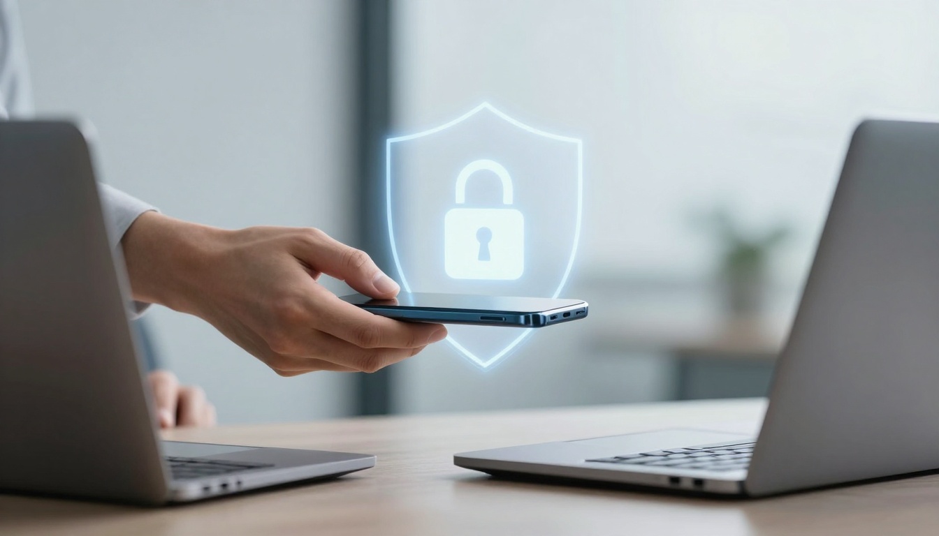 A hand holds a smartphone near two open laptops on a desk, with a holographic lock icon and shield overlay symbolizing security.