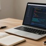 A laptop displaying colorful code on a screen sits on a wooden desk. Nearby are an open notebook with handwriting, a black and gold pen, and a smartphone.