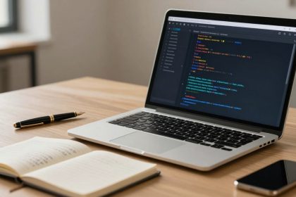 A laptop displaying colorful code on a screen sits on a wooden desk. Nearby are an open notebook with handwriting, a black and gold pen, and a smartphone.