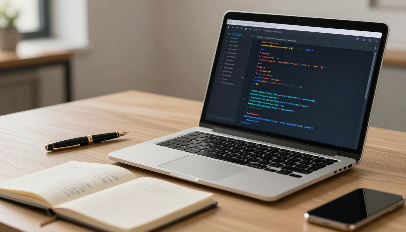 A laptop displaying colorful code on a screen sits on a wooden desk. Nearby are an open notebook with handwriting, a black and gold pen, and a smartphone.