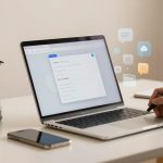 A person uses a stylus on a laptop displaying a web browser. Speech bubbles float above the screen. A kettle and smartphone are nearby on the table.