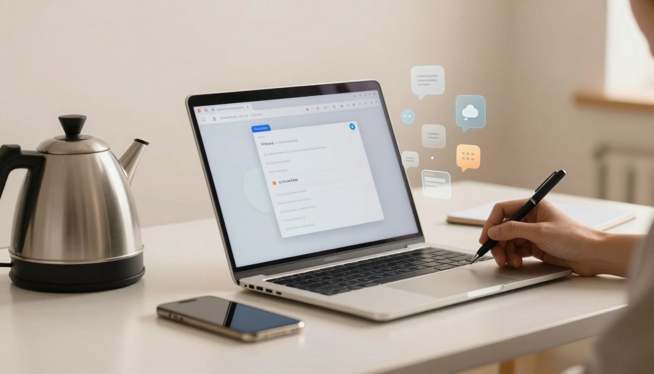 A person uses a stylus on a laptop displaying a web browser. Speech bubbles float above the screen. A kettle and smartphone are nearby on the table.