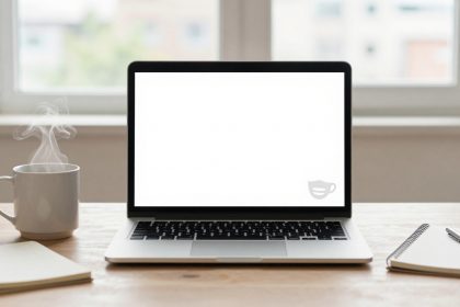 A laptop with a blank screen is centered on a wooden desk. To the left, a steaming white mug sits beside a notebook. On the right, another notebook with a pen lies open. A window with blurred outdoor view is in the background.