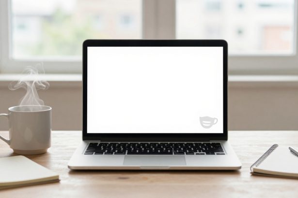 A laptop with a blank screen is centered on a wooden desk. To the left, a steaming white mug sits beside a notebook. On the right, another notebook with a pen lies open. A window with blurred outdoor view is in the background.