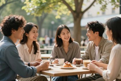 A group of five people sitting at an outdoor café table, smiling and engaging in conversation. They have cups of coffee and a plate of pastries on the table. The background shows green trees and soft sunlight, suggesting a pleasant day.