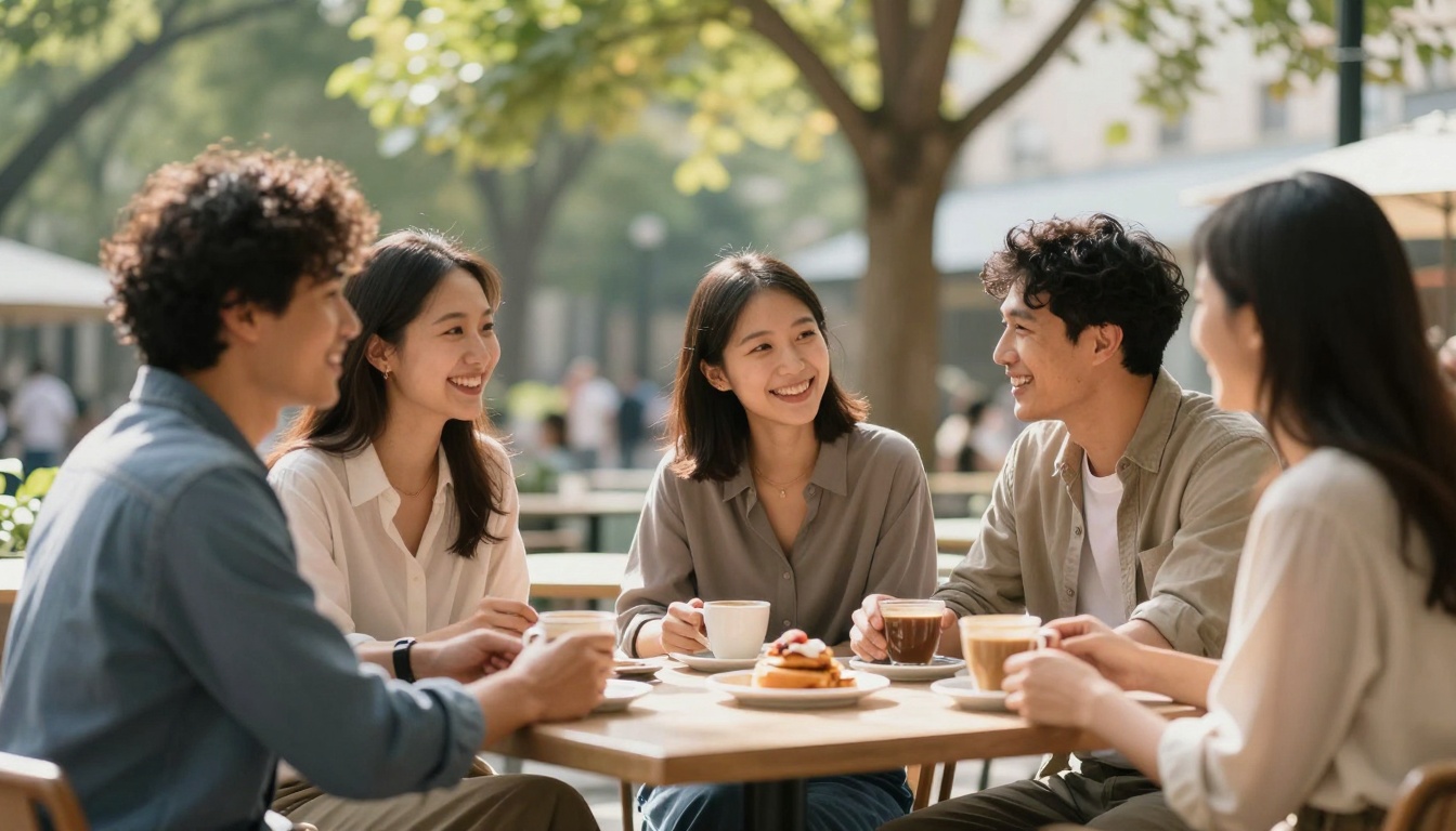 A group of five people sitting at an outdoor café table, smiling and engaging in conversation. They have cups of coffee and a plate of pastries on the table. The background shows green trees and soft sunlight, suggesting a pleasant day.