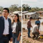 On the left, a man in a suit and a woman stand in front of flood-damaged houses, the man taking a selfie. On the right, a group of five people with shovels work together on muddy ground, with floodwaters and damaged houses in the background.