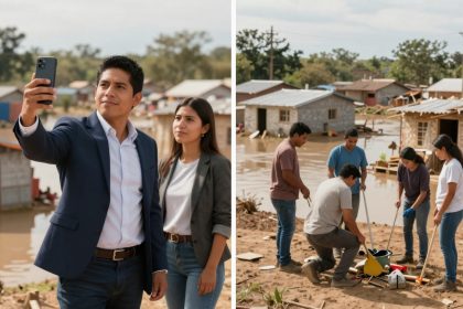 On the left, a man in a suit and a woman stand in front of flood-damaged houses, the man taking a selfie. On the right, a group of five people with shovels work together on muddy ground, with floodwaters and damaged houses in the background.