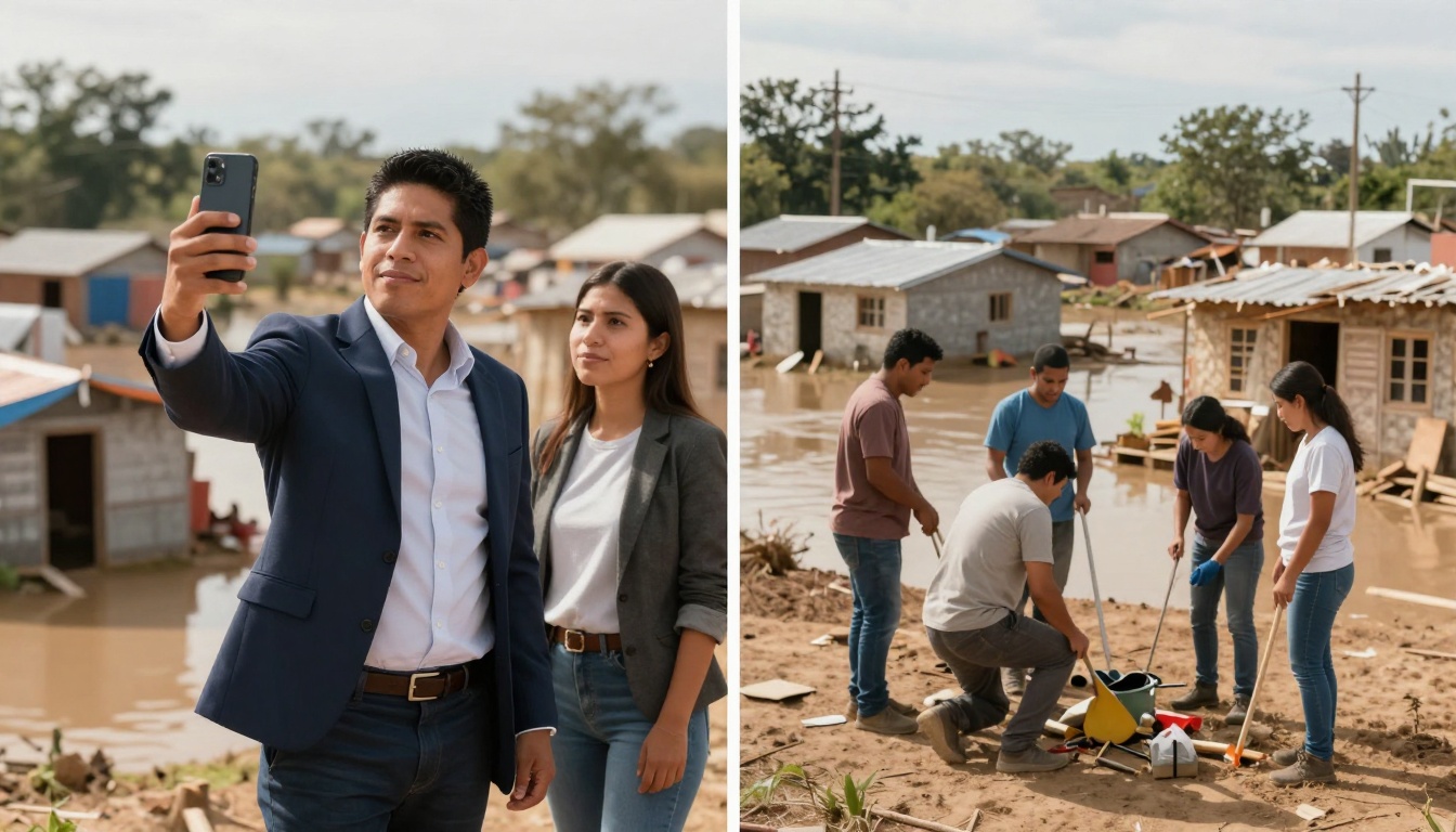 On the left, a man in a suit and a woman stand in front of flood-damaged houses, the man taking a selfie. On the right, a group of five people with shovels work together on muddy ground, with floodwaters and damaged houses in the background.