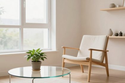 A minimalist room with a light wooden chair and white cushion, a glass coffee table with a potted plant, large window, and shelf with decor.