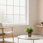 A minimalist room with a large window, a wooden chair with white cushions, a glass coffee table with a potted plant, and a wooden shelf holding small plants and vases. The walls are light-colored, creating a bright and airy atmosphere.