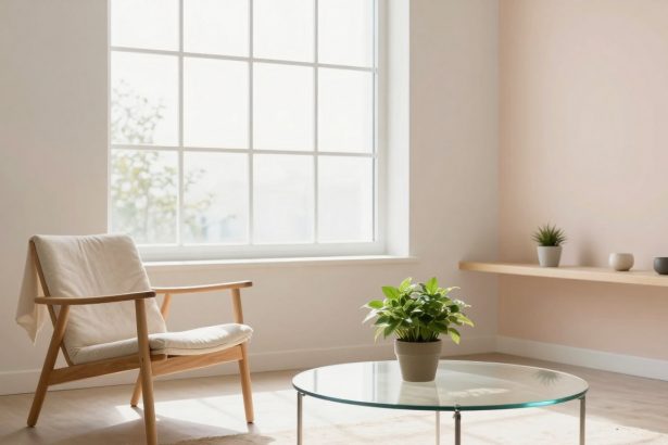 A minimalist room with a large window, a wooden chair with white cushions, a glass coffee table with a potted plant, and a wooden shelf holding small plants and vases. The walls are light-colored, creating a bright and airy atmosphere.