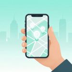 A hand holding a smartphone displaying a map with location pins. The background shows a city skyline in pastel green tones.