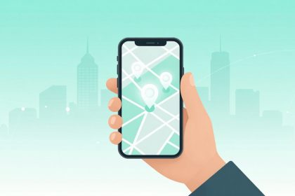 A hand holding a smartphone displaying a map with location pins. The background shows a city skyline in pastel green tones.