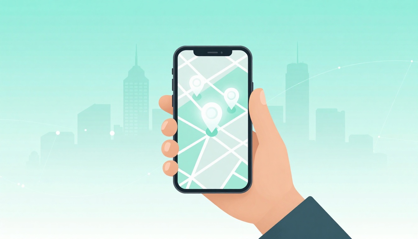 A hand holding a smartphone displaying a map with location pins. The background shows a city skyline in pastel green tones.
