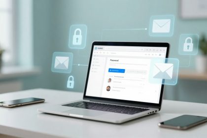 A laptop on a white desk displays a password management screen. Email and padlock icons float around, symbolizing security. Two smartphones are nearby.