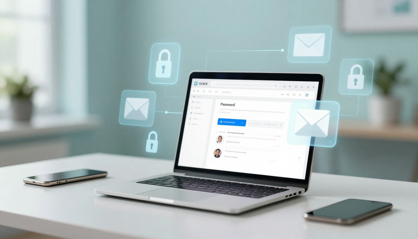 A laptop on a white desk displays a password management screen. Email and padlock icons float around, symbolizing security. Two smartphones are nearby.