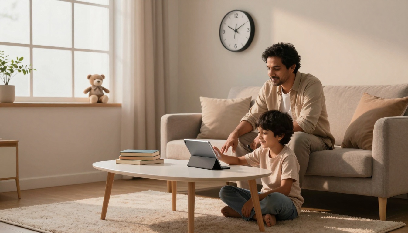 A man and a child sit on a light-colored sofa using a tablet on a round coffee table. The room is warmly lit with a large window, potted plant, and a teddy bear on the windowsill. A wall clock hangs above.