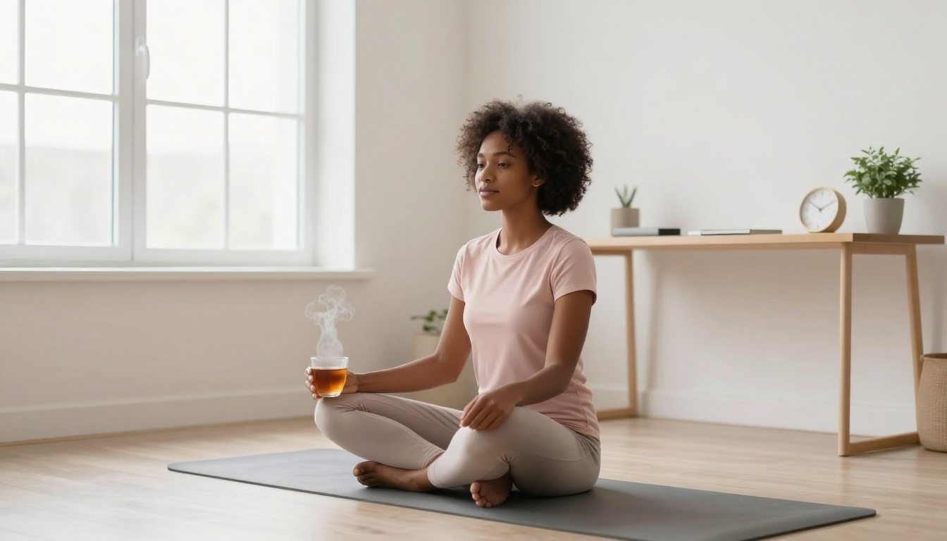 A person sits cross-legged on a yoga mat holding a steaming cup, wearing a pink shirt and light pants. A desk with a plant, books, and a clock is in the background near a large window.