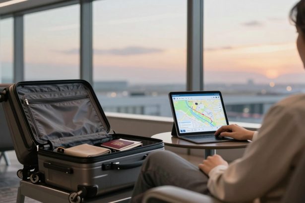 A person seated in an airport lounge works on a laptop displaying a map. An open suitcase with a passport is on a nearby table. The sunset is visible through large windows.