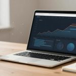 A laptop on a wooden table displaying analytics charts with a line graph and bar charts. A white coffee mug and a notepad with a pen are beside it.