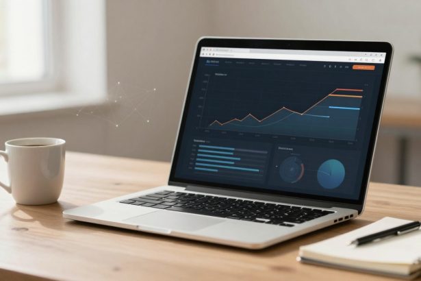 A laptop on a wooden table displaying analytics charts with a line graph and bar charts. A white coffee mug and a notepad with a pen are beside it.
