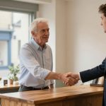 An older man in a light blue shirt shakes hands with a younger man in a dark suit across a wooden reception desk. A window shows a street outside.