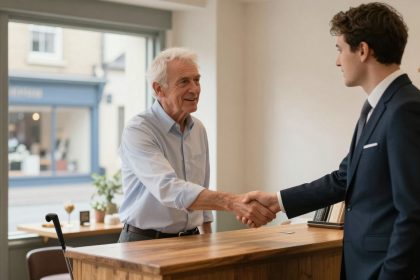 An older man in a light blue shirt shakes hands with a younger man in a dark suit across a wooden reception desk. A window shows a street outside.